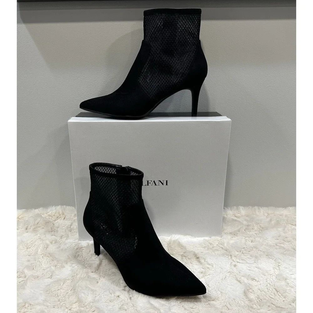ALFANI Womens Black Mesh Jamari Pointed Toe Stiletto Zip-Up Dress Boots Size 8‎